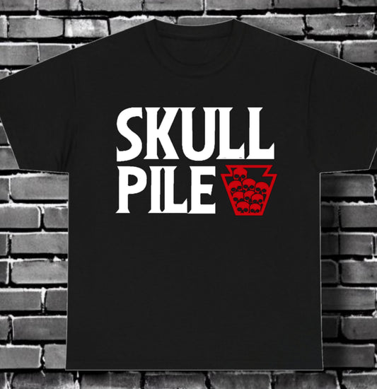 Skull Pile Red And White Logo Unisex Heavy Cotton T Shirt